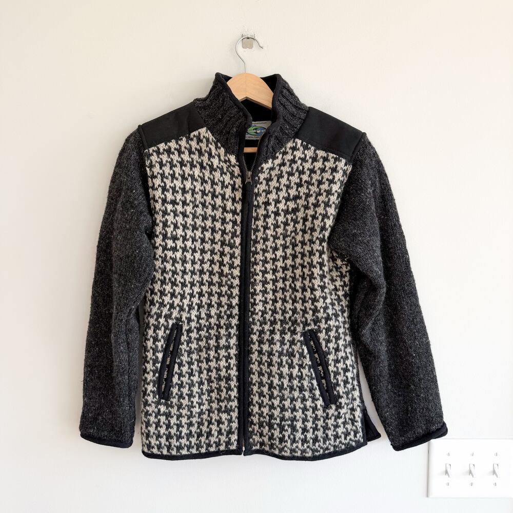 Vintage Laundromat 100% Wool Houndstooth Full Zip Sweater Jacket Black Grey M